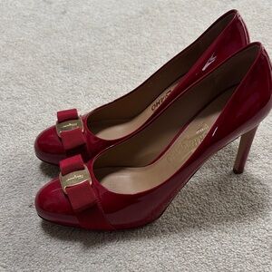 Salvatore Ferragamo Red Patent Leather Bow Pumps